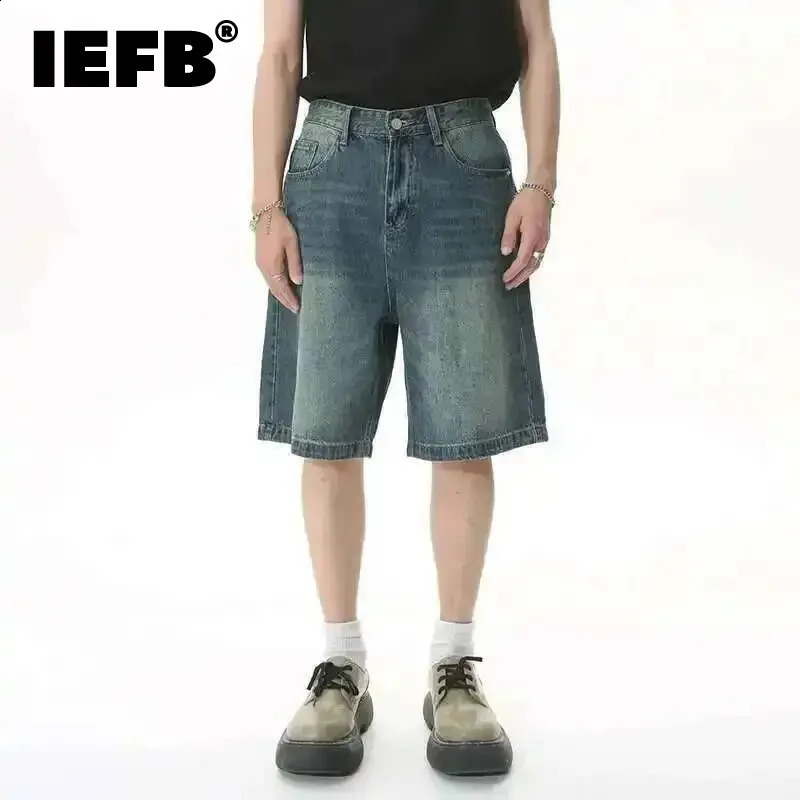 IEFB Mens Vintage Washed Denim Baggy Shorts High Waist Loose Knee Length Casual Jeans Pants Pockets Streetwear Fashion 9A8588 260617