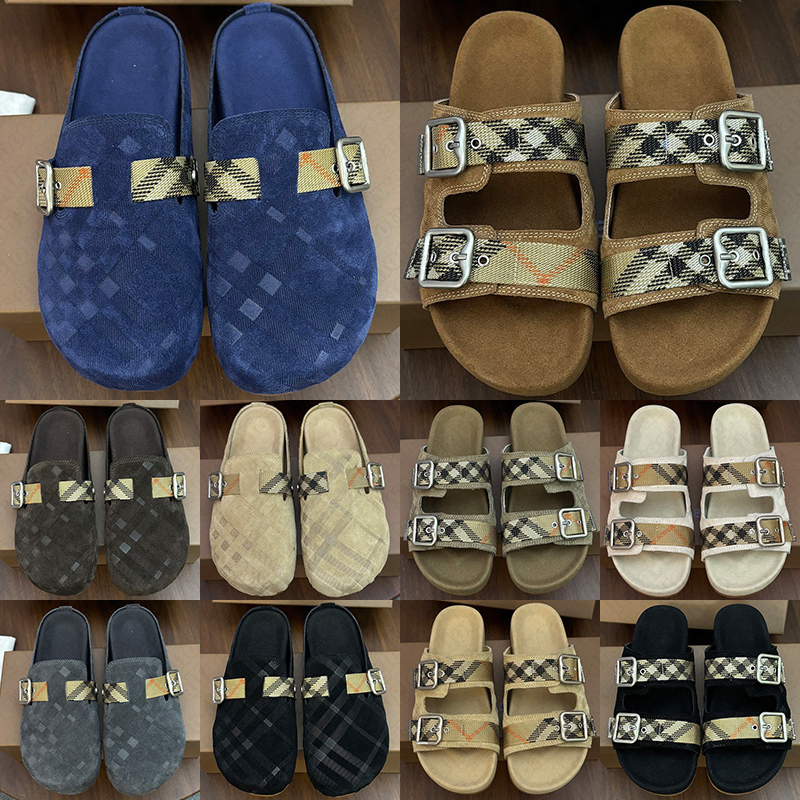 Free shipping designer urchin suede clogs slippers for men women classic buckle slides brown navy blue striped plaid scuffs black luxury sandals