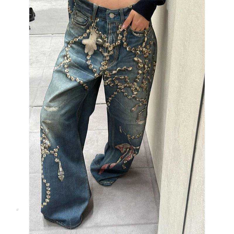 Denim Womens Pants 2025 Autumn Winter Tie Dye Y2K Japanese Baggy Wide Fit Goblin Core Blue Jeans S260622