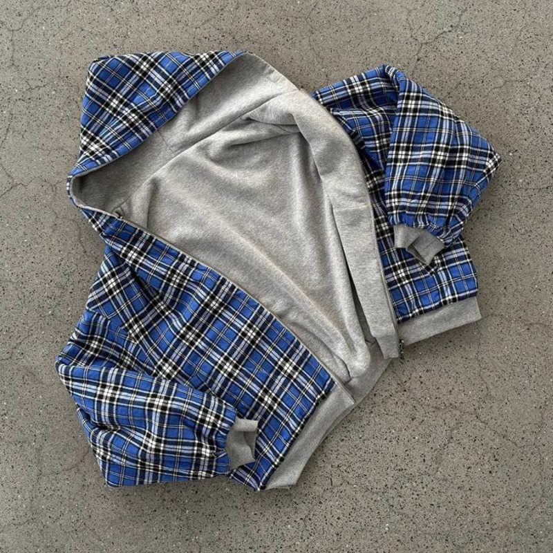 Sudadera con capucha para hombre, sudadera con forro a cuadros, sudadera con capucha Retro de Color sólido con cremallera, sudadera Strtwear S260622