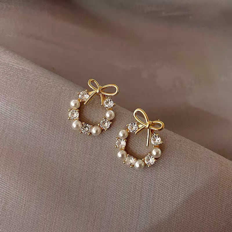 Pearl Delicate CZ Crystal Imitation Wreath Bowknot Stud Earring for Women Korean Style Gold Color Geometry Jewelry Brincos Gift M260623