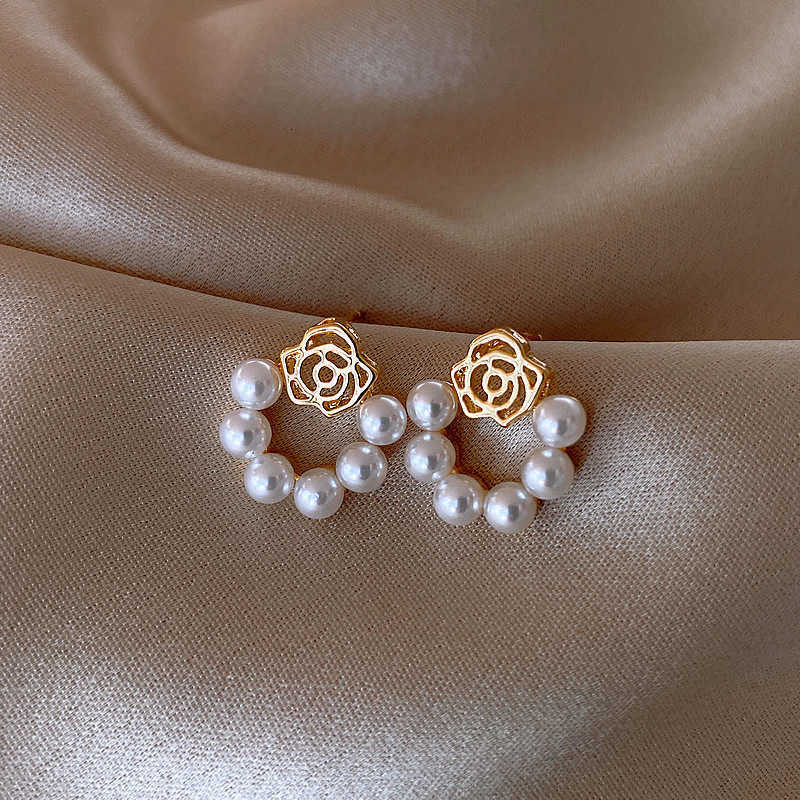 Imitation New Trend Rose Flower Pearl Stud Earring for Women Jewelry Accessory Wedding Christmas Girl Gift M260622