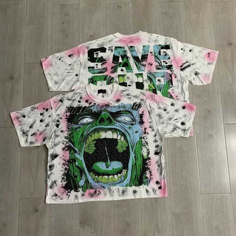 New Street Trend RARE PEE Tshirts Graffiti Print Retro Oversized Rhinestone Rare Pee Short Sleeve T-shirt T260622