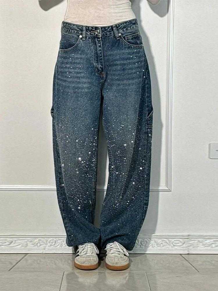 Jeans Womens Chic Rhinestone Y2k Shining Female Wide Leg Pants 2026 Spring Summer Lady Denim Trousers S260622