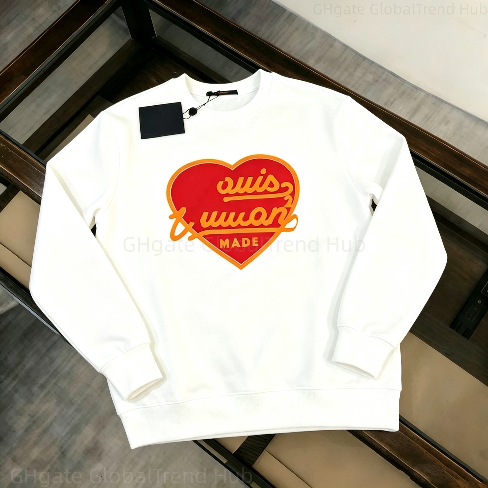 Men's hoodie 2026 Men Loose Fit Crew Neck Sweatshirt, Heart Graphic Print Pullover, Soft Cotton Casual Top for Streetwear Holiday Daily Wear, M