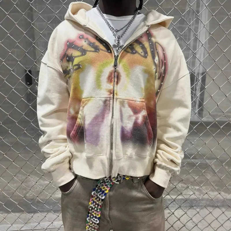 Hoodie Mens Hoodie Mens And Womens Hoodie Rhinestone Print Zip Up Hoodie Strtwear Retro Sportswear Top S260622