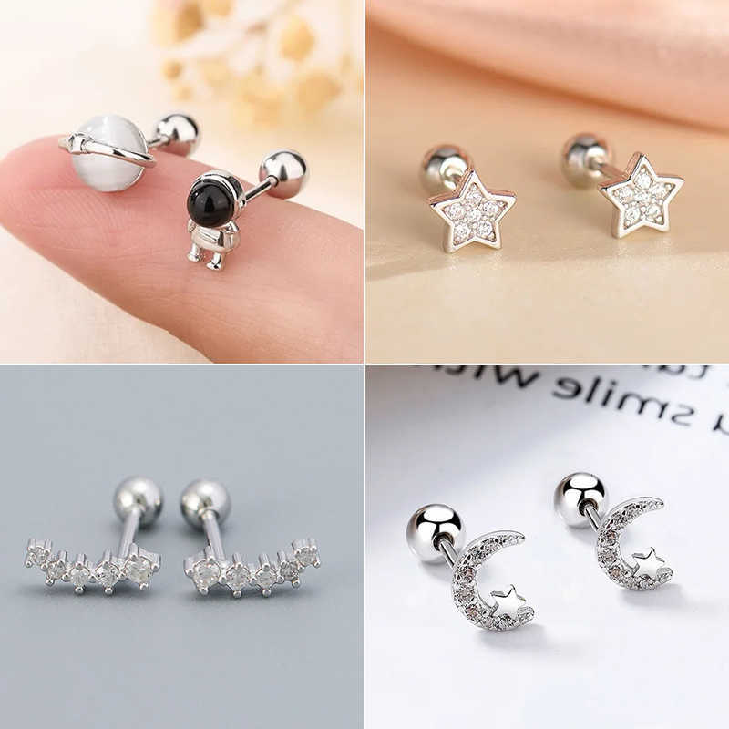 Piercing Zirconic Astronaut Korean Creative Screw Ball Stud Earrings For Women Girls Simple Moon Star Party Jewelry Accessories M260623