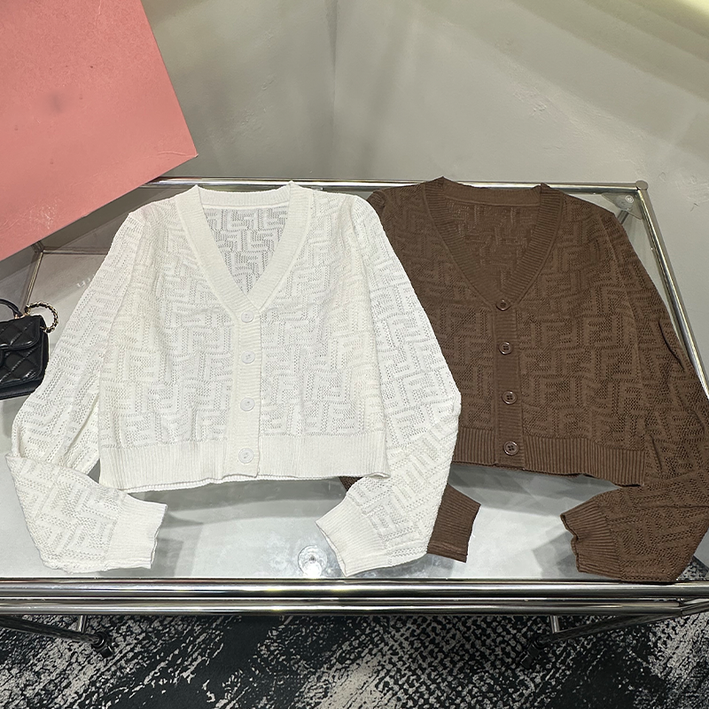 Designer Luxury brand Women V Neck Cropped Knit Cardigan, All Over FF Jacquard Hollow Out Long Sleeve Button Short Sweater, 2 Colors White Coffee La