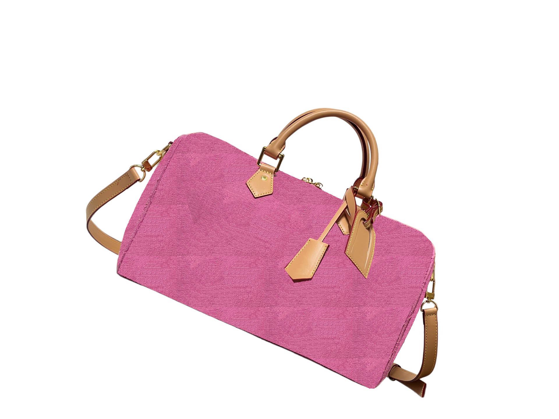 This designer bag perfectly blends a vintage denim texture with soft cherry blossom pink, showcasing the sweet yet cool charm of the modern woman
