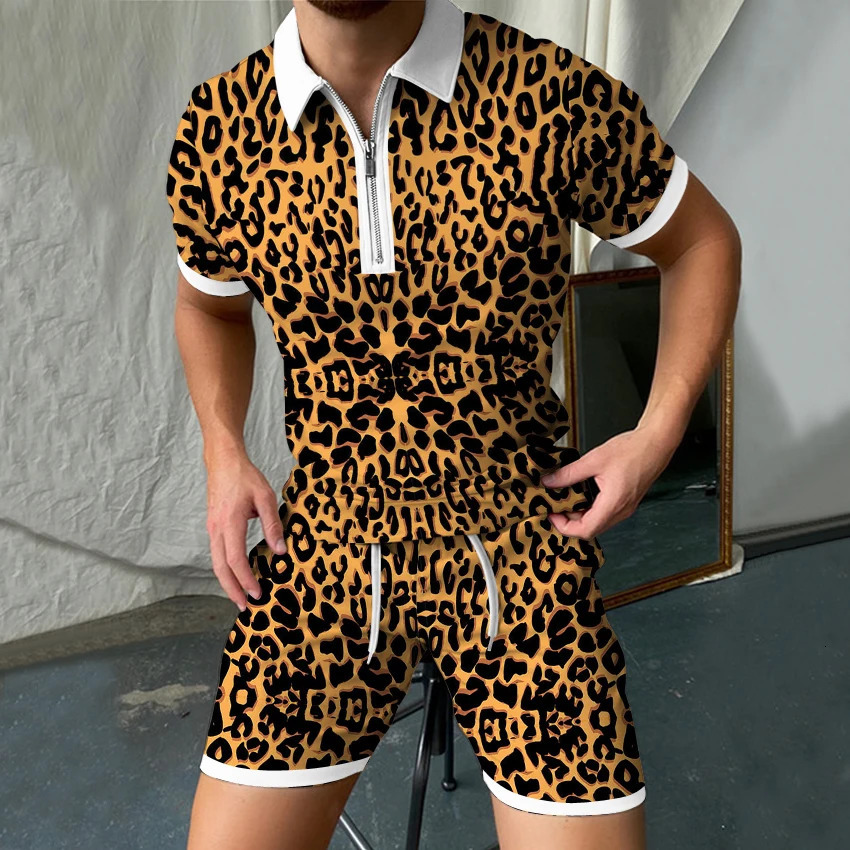 Mens Clothing 3D Leopard Print Suit Casual Polo With Zipper 2 Piece Oversized Breathable Everyday Wear Sets 260615