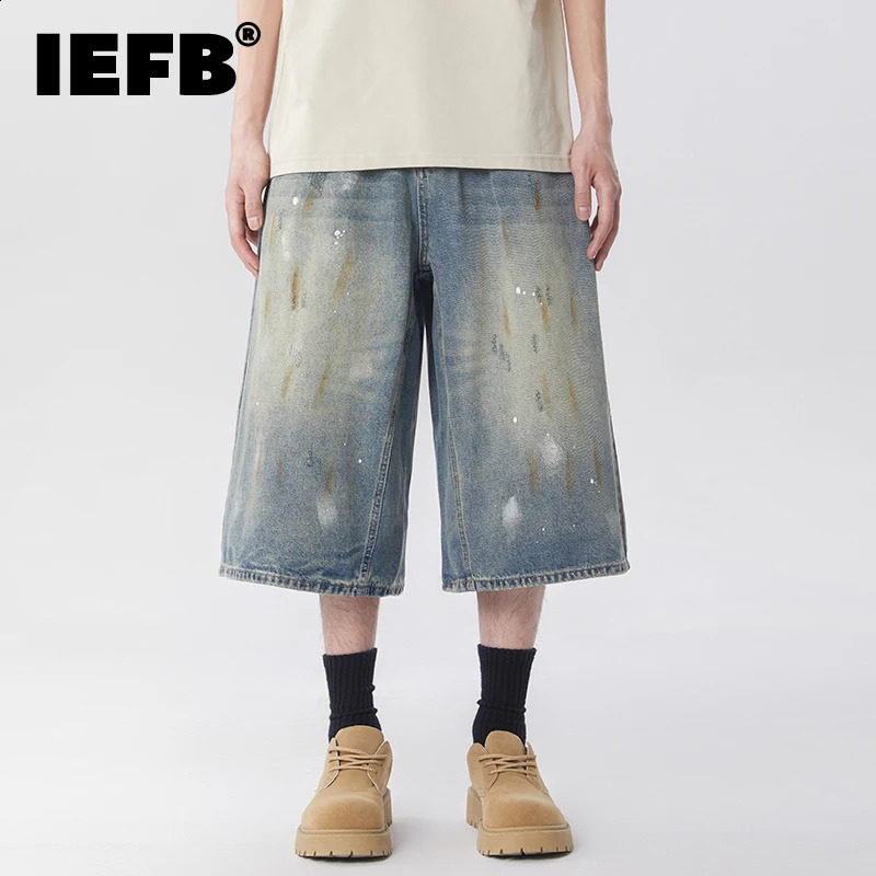 IEFB Vintage Blue Graffiti Mens Denim Shorts Trendy Loose Fit Cropped Calf Length Pants Summer Casual Wide Leg Trousers 9X2442 260617