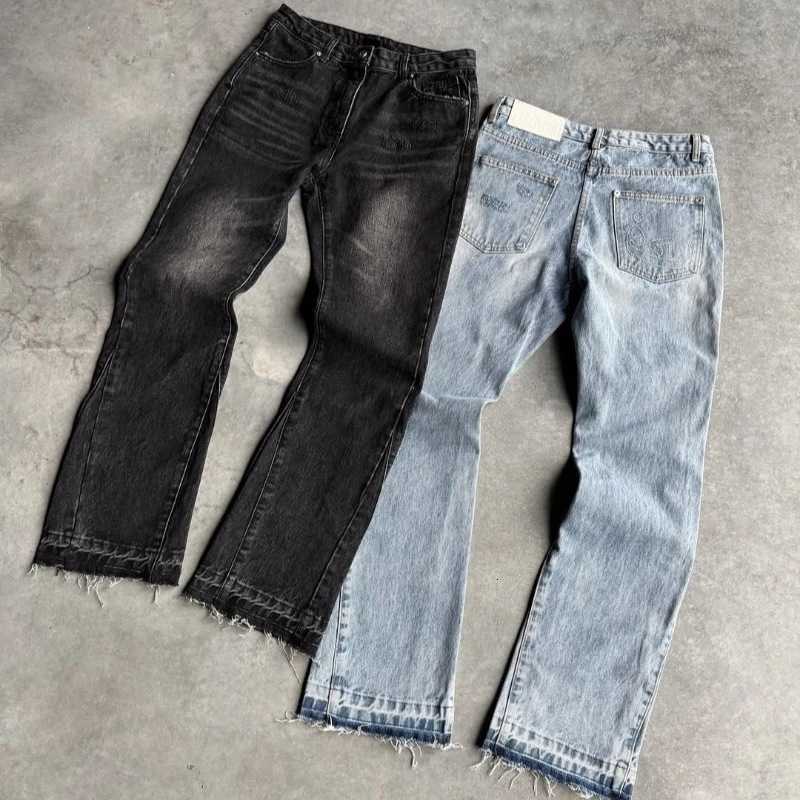 washed European distressed raw hem jeans for men and women casual style flared pants S260622