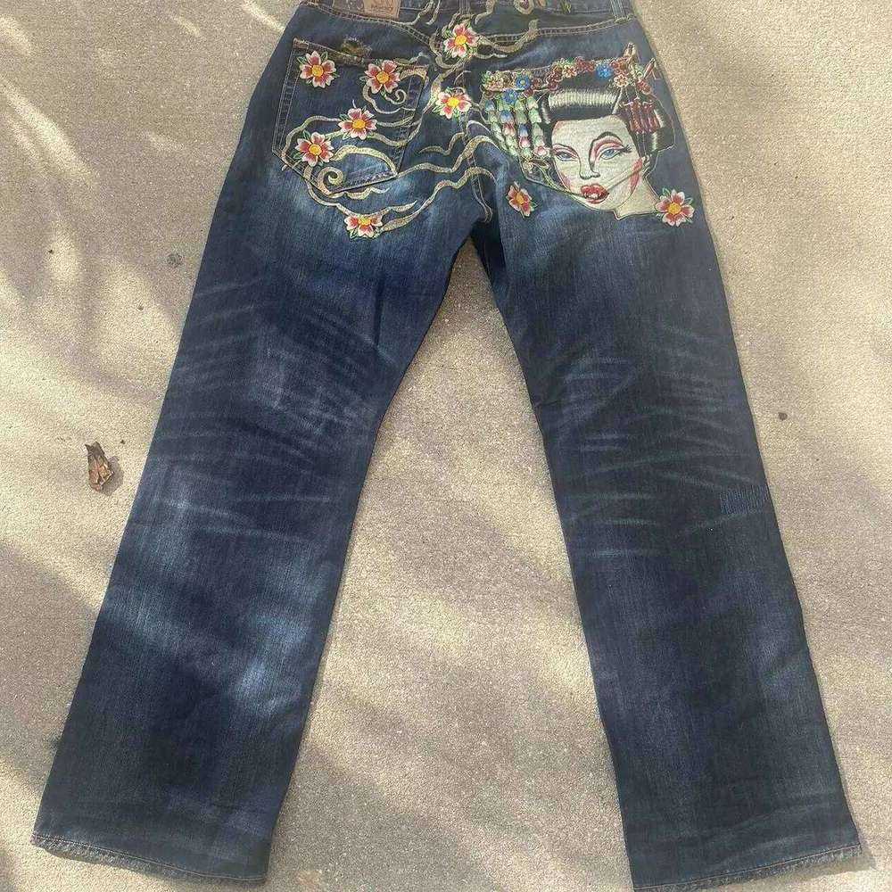 Jeans da donna con ricamo giapponese Pantaloni larghi in denim dritto a vita alta Strtwear Jean Hot Stamp dded Pantaloni Y2k S260622