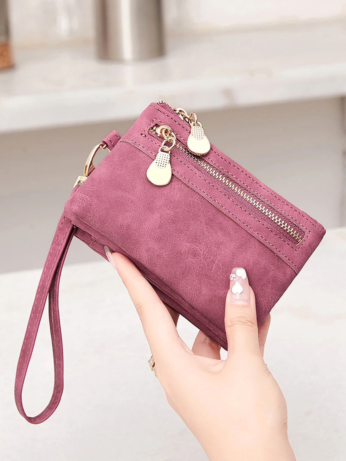 Retro double fold PU leather short wallet with zipper coin pocket multiple card slots and wrist band casual portable card clip 260617