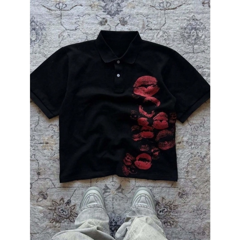 Y2K Lip Print Polo Shirt Loose Street Style Top Summer Style Suitable for Both Men and Women 260618