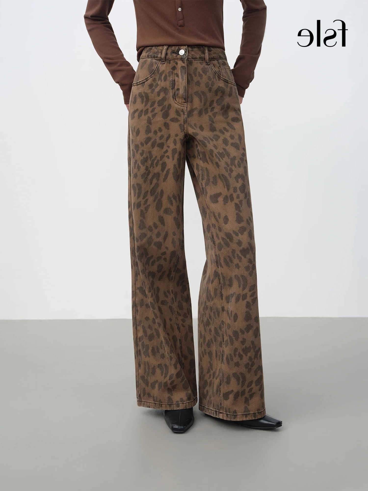 2025 FSLE Womens Jeans Chic Brown Straight Leg Pants Cotton Washed Denim Waist Tummy Control Slim Fit Casual Trousers S260622
