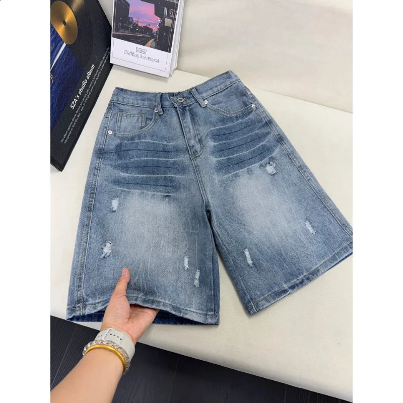 Mens American Vintage Ripped Denim Shorts Loose Straight Leg Casual Streetwear Summer Jorts Baggy Pants 260617