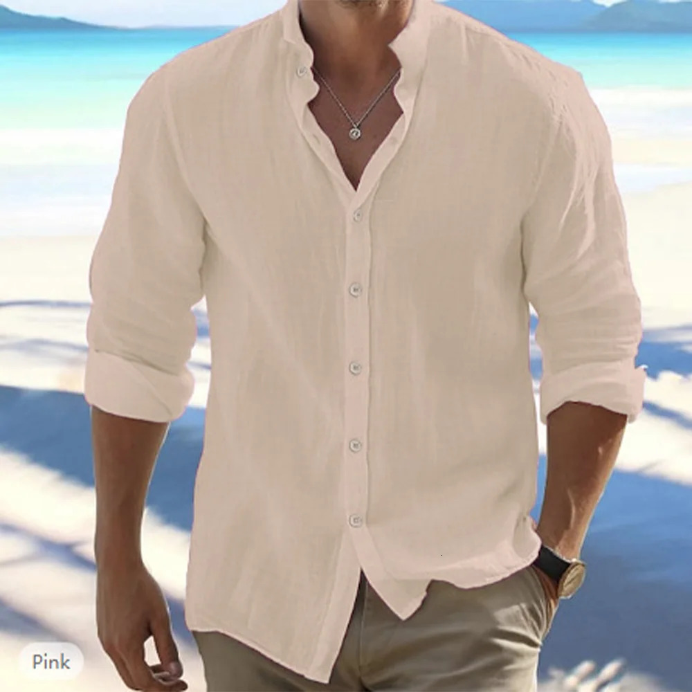 Cotton Linen Mens LongSleeved Shirts Summer Solid Color StandUp Collar Casual Beach Style Plus Size y260617