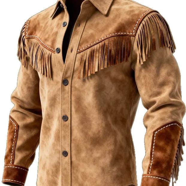 Cowboy T-shirts voor heren Mode Vintage Suède Fringe Jas met lange mouwen Knop n Casual feestkleding Tops voor heren 260615