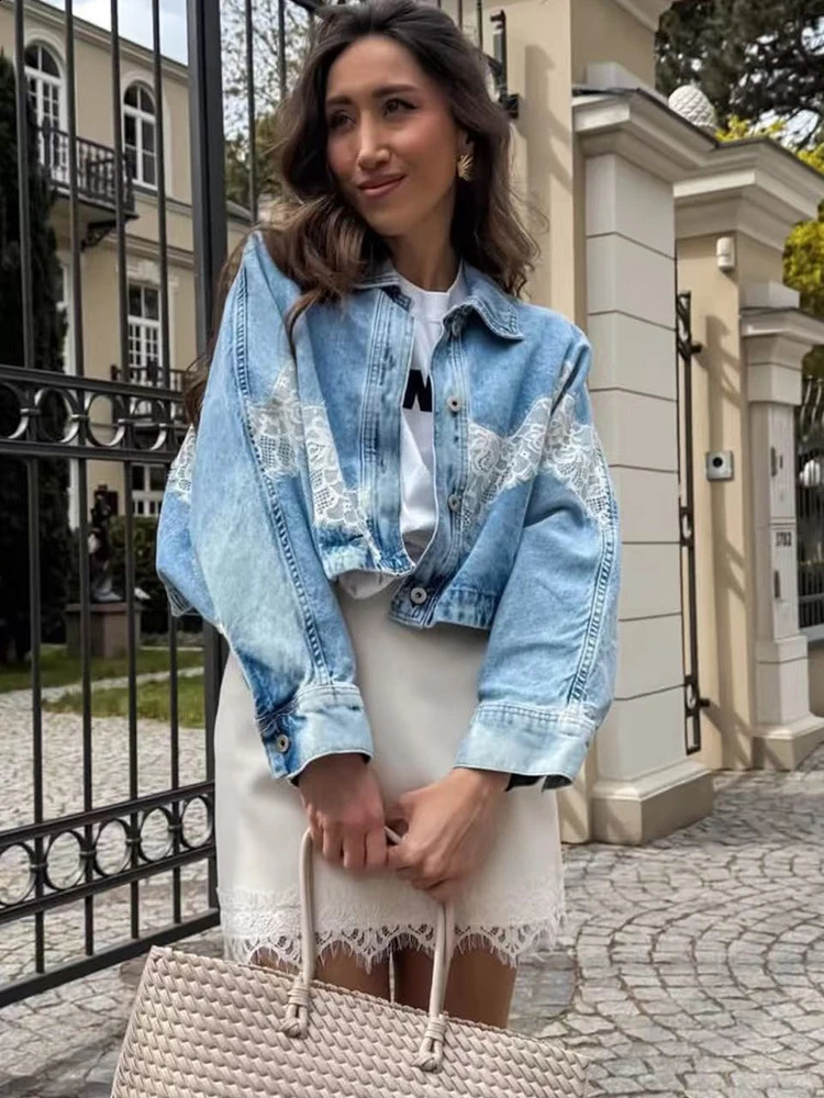 TFMLN 2026 Womens Lace Patchwork Cropped Denim Coat Lapel Long Sleeve Loose Fit Button Up Jacket Casual Lady Streetwear 260617cj