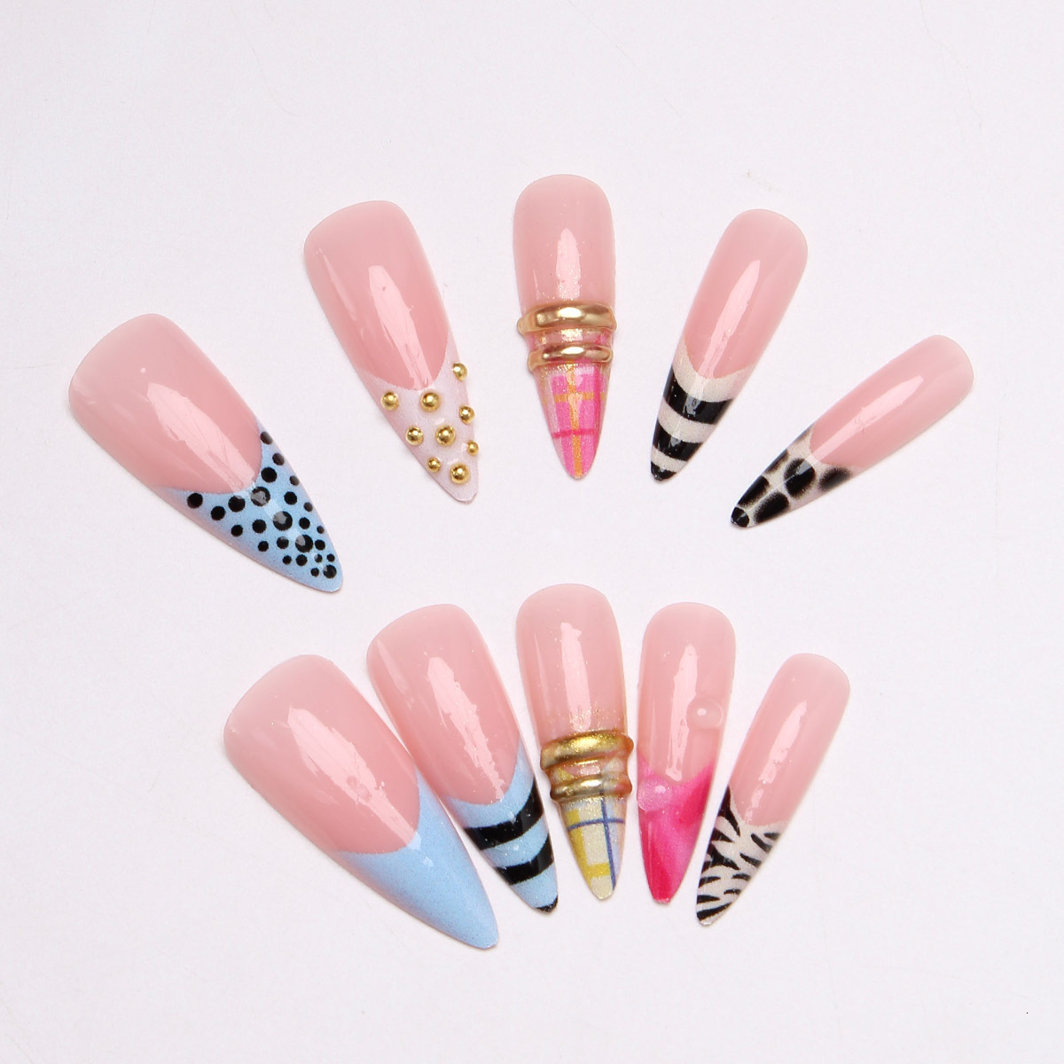 Color-Block Striped Polka Retro Dot Press-On French Sweet Cool Style Finished Manicure Almond Nails M260805
