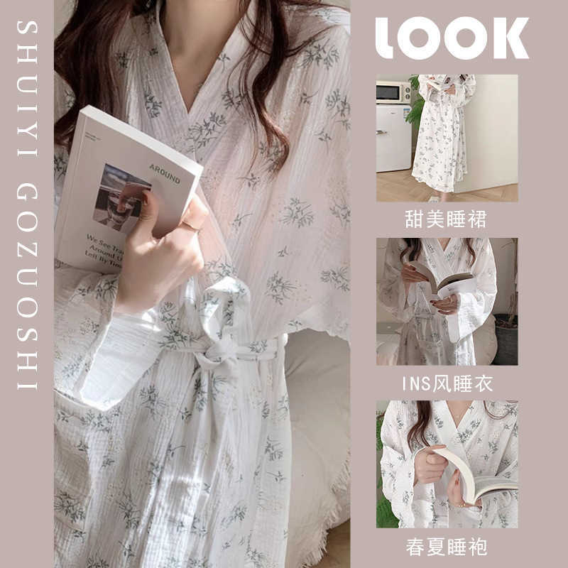 Ins-style sleeping robe women's summer collection 2025 Japanese-style pajamas, long kimono-style bathrobe, loose floral home wear J260622-image-1085913578