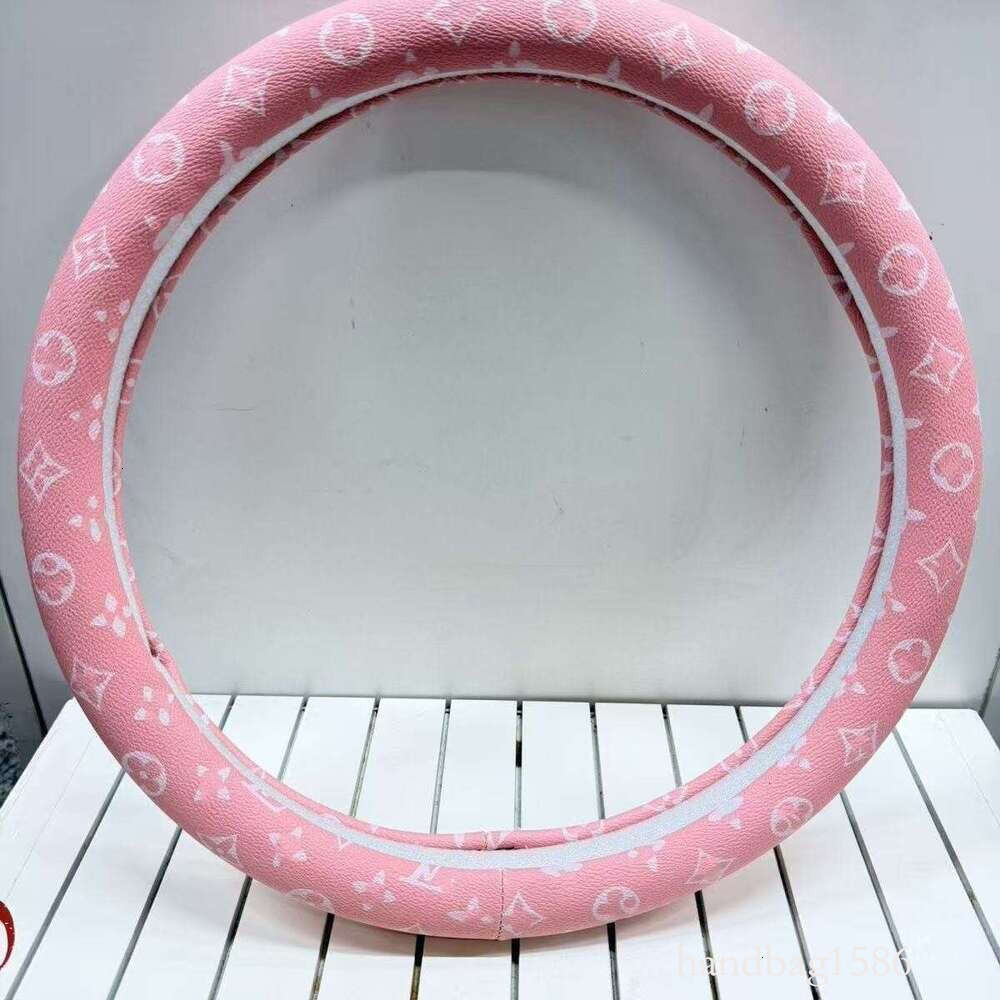 luxury universal car steering wheel cover light pink monogram design soft faux leather shock absorbing non slip steering cover chic vehicle interior