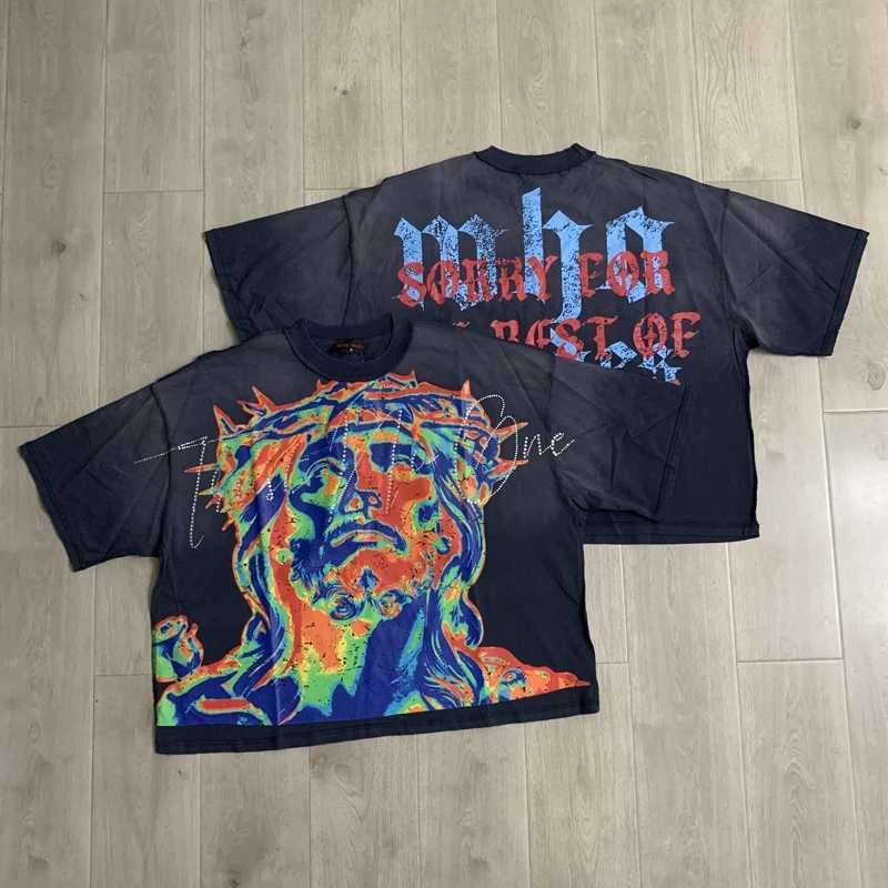 New High Quality Washed Distressed RARE PEE T-shirt Mens Womens Hip Hop Portrait LetterPrint Top Tee T260622