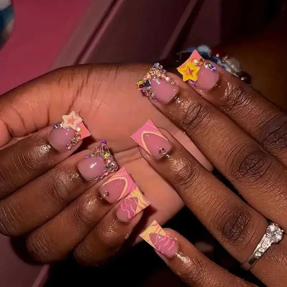 French maquillaje Duckbill Fake Nails Flower Pink Edge Press On Nail Wearable Detchable Sweet Cool Y2k Girl Short False 002