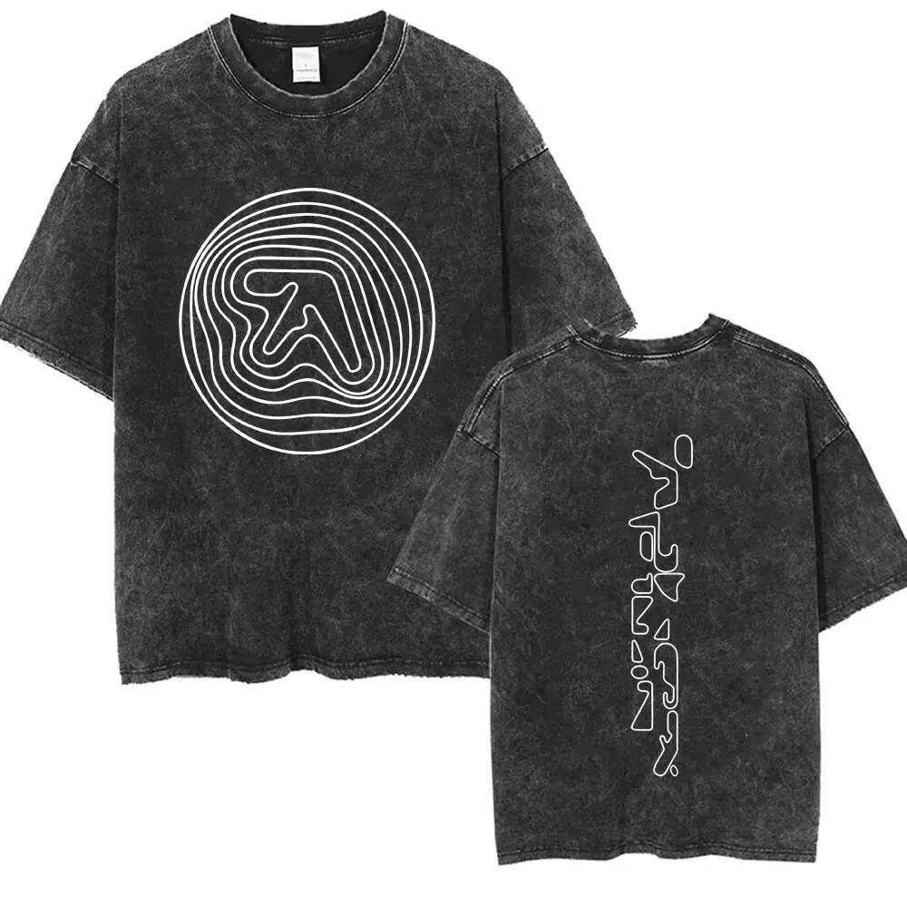 Washed Aphex Twin Pattern For Men And Women, Korean Style Fashion Trendy Short-Sleeve T-Shirt, Men's Casual Cotton Vintage T-Shirt