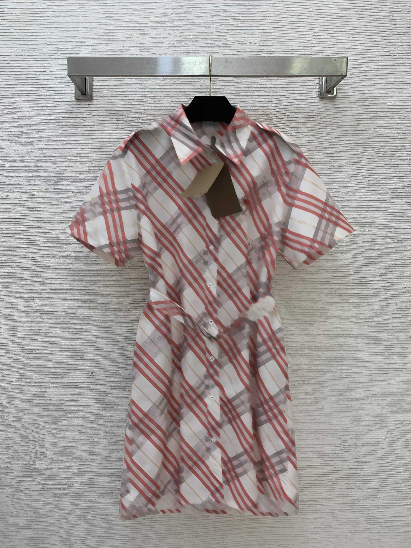 designer dress womens Checkered color-block print embroidered logo dresses Button-down front with belt Short-sleeve fashion shirt dress S-L