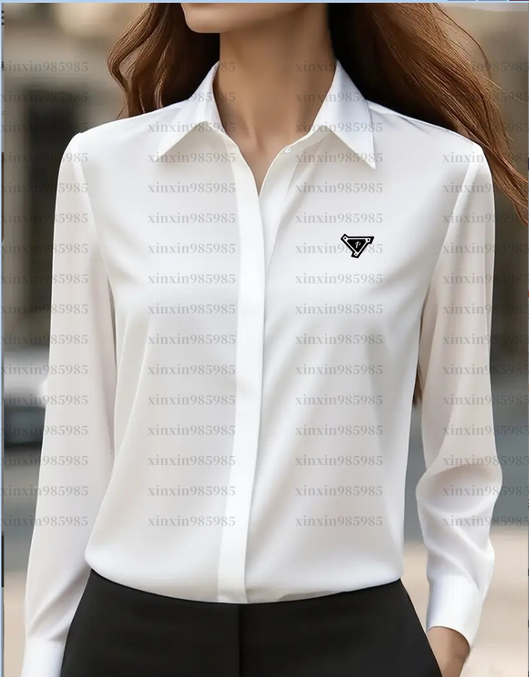 New Arrival Light Blue Satin Silk Women Shirt Embroidered Logo Lapel Collar Long Sleeve Slim Fit Elegant Office Business Formal Blouse-image-931039581