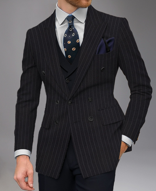 Men Suit Designer Suit Men Black Pinstripe Double Breasted 8 Buttons 3 Piece Suit Slim Peak Lapel Business Party Stage Men Suit Set