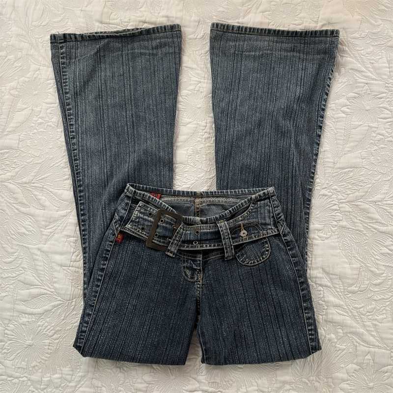 Low Y2K Rise Flare Jeans Donna Tasche Cintura con fibbia Pantaloni in denim blu Pantaloni slim fit da ragazza 260526 S260622