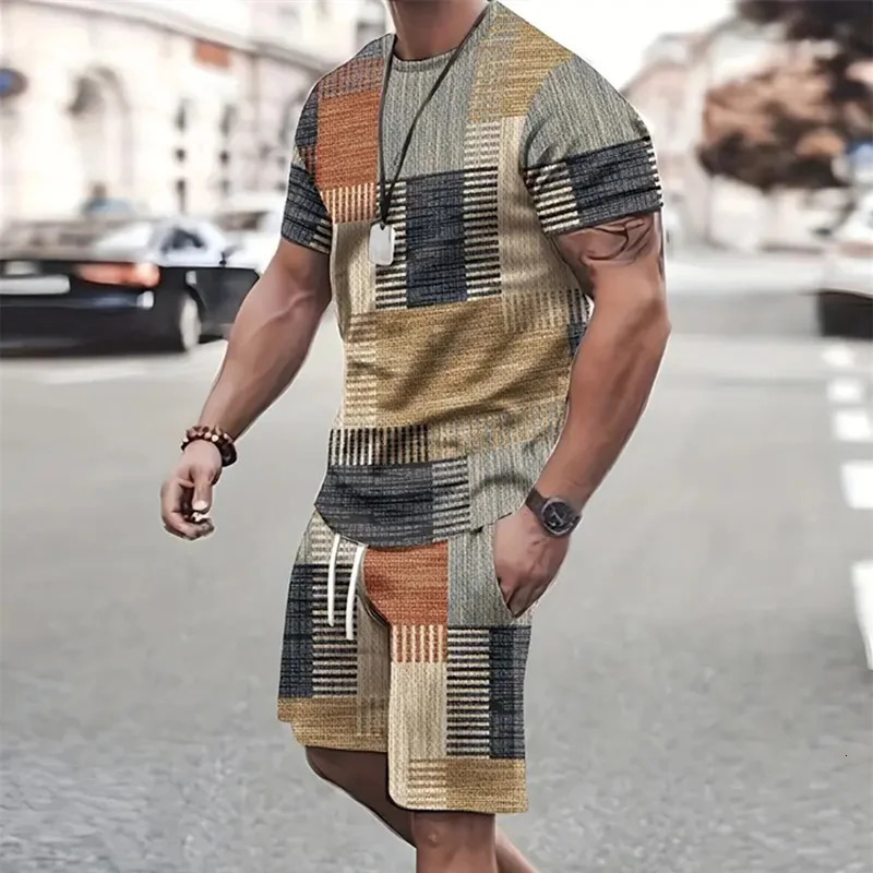 2024 Fashion Mens Sportswear Short Sleeve T Shirt And Sports Shorts Summer Casual Vintage Patchwork Suit Two Piece 260613banjia