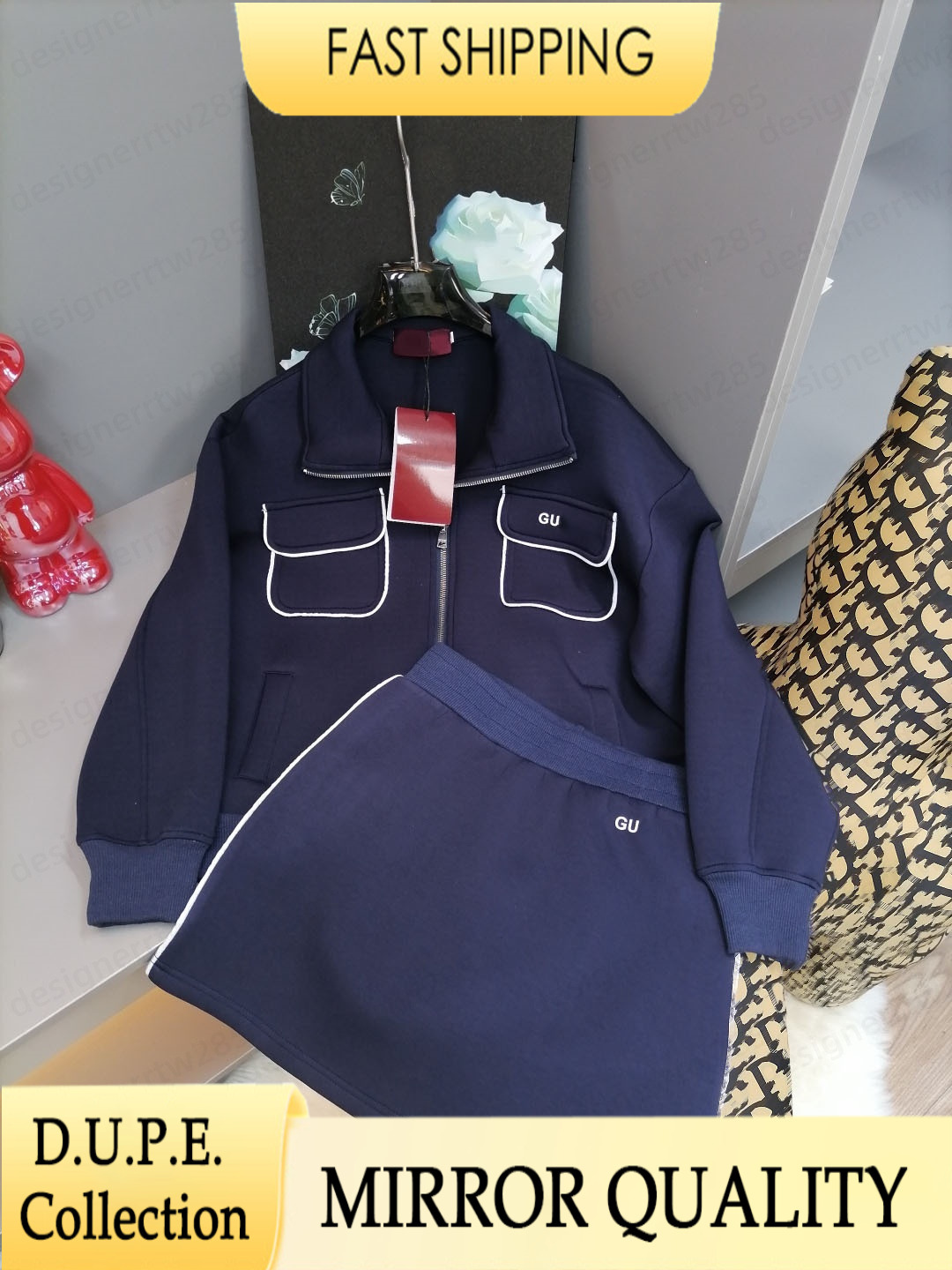 Ensemble jupe de créateur veste à glissière bleu marine et mini jupes deux pièces tenues de luxe pour femmes vêtements de sport rétro survêtement