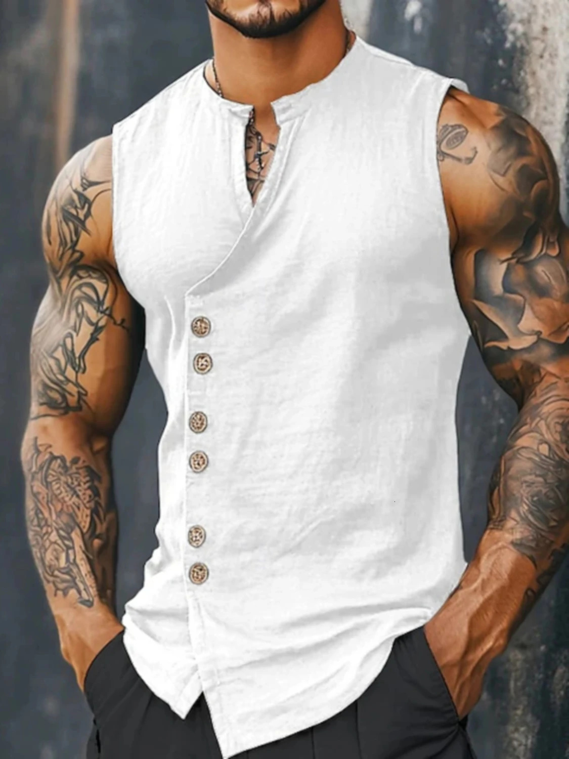Mens Linen Sleeveless Vest Summer Casual ButtonFront Tank Top 260623