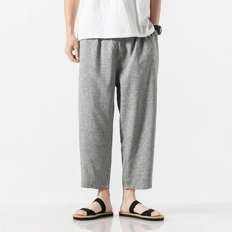 Men Cotton Linen Cropped Pants Summer Solid Casual Elastic Waistband Lightweight Straight Leg Loose Oversize Clothing 260623