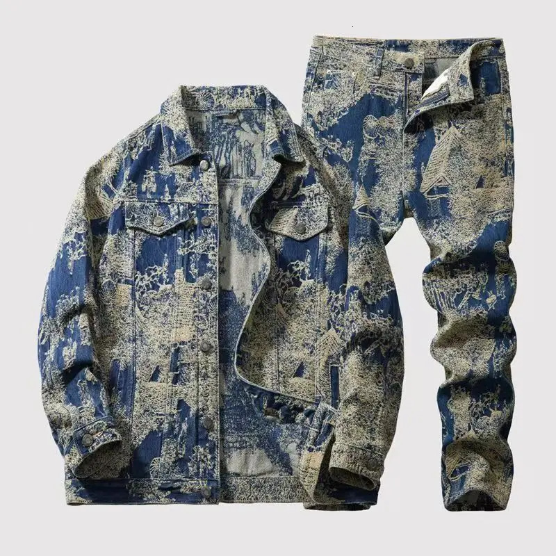 Spring Autumn American Denim Jacket Jeans Set Classic Cowboy Trendy TwoPiece Suits Outerwear set 260623