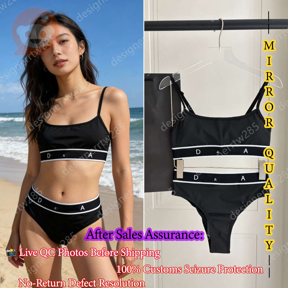 Top Quality Designer Brand Bikini Black Letter Patch Monokini Women Two Piece Swimsuit Low Waist Thong Tanga Beachwear Luxury Camisole Crop Top S-image-1111778008