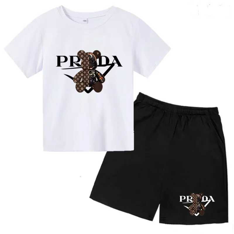 Camiseta con letras para niños Ropa de dos piezas de verano Top de manga corta Pantalones cortos Niño Niña 3-12 años Abrigo deportivo informal para