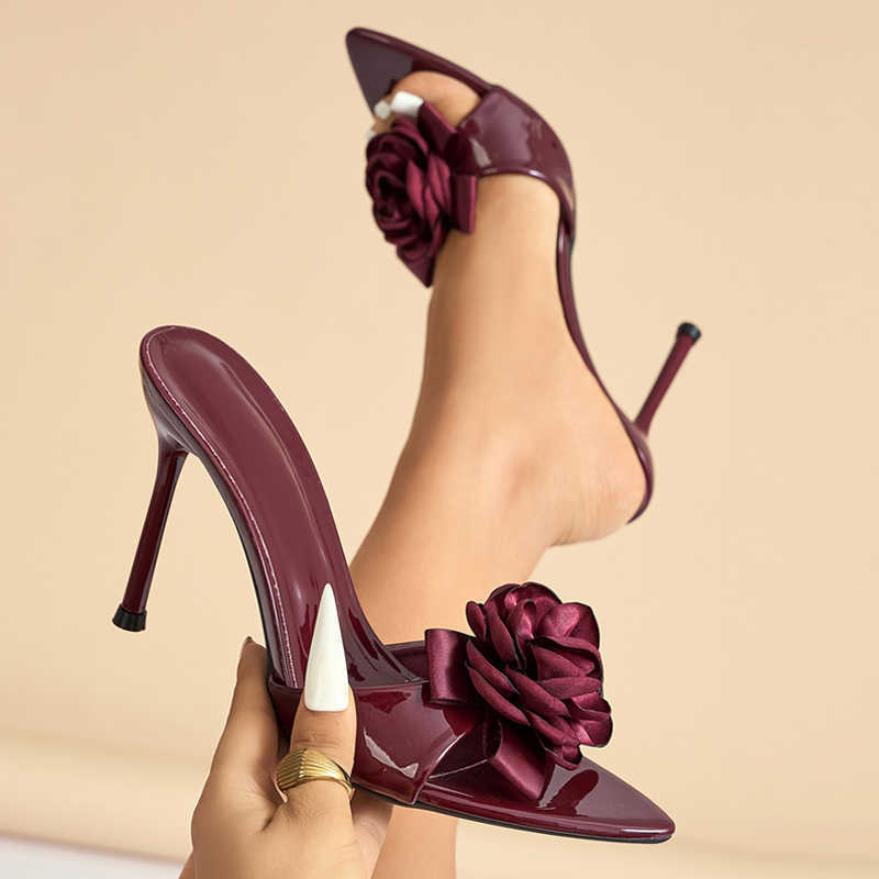 Designer Wine Liyke Red Flower Women Slippers Sandals Elegant Pointed Open Toe Party Prom Shoes Thin High Heels Mules Slides T260623