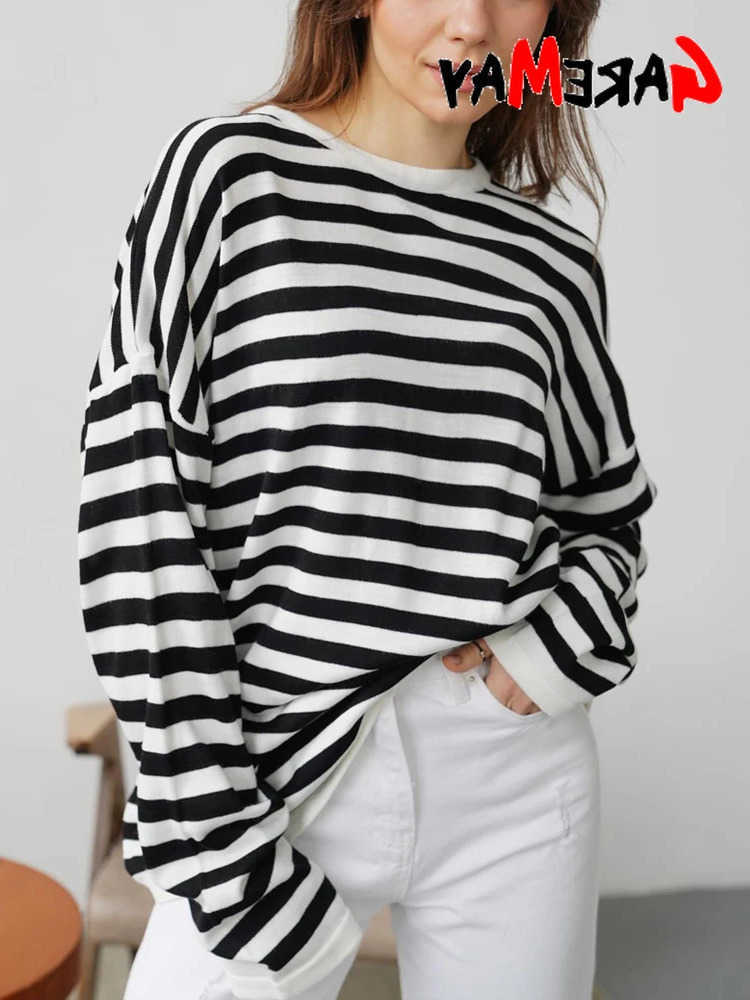 Casual Womens Oversize T-shirt Striped Green Blue Basic Soft Tops O-Neck Knitted T-shirt Long Sve Vintage Loose Spring 2025 L26