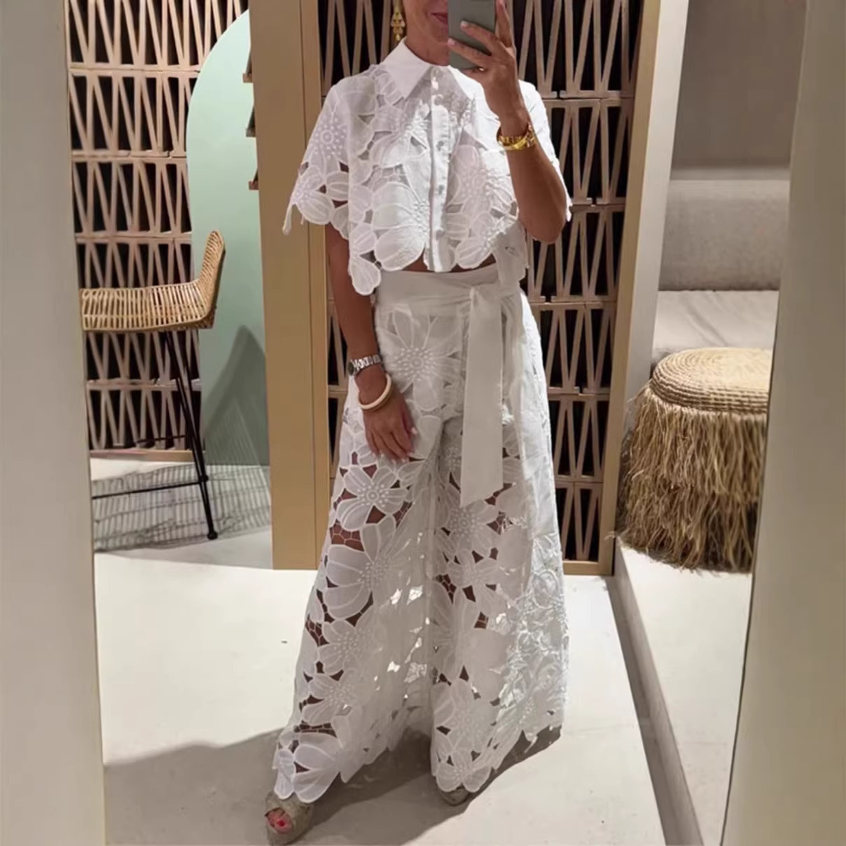 2026 Summer New European American Solid Color Sexy Hollow Out Cardigan Top and Wide-Leg Pants Two-Piece Set for Women