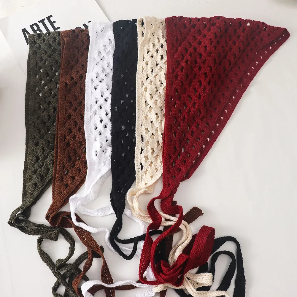 Korean Hollow Out Knitted Triangular Bandanas for Women Head Wrap Kerchief Handmade Crochet Headscarf Triangle Scarf 260623