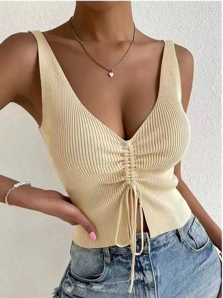 Front New Summer Women Drawstring Ribbed Knit Tops Femme Sexy V Neck Sleeveless Crop Top Clothes High Stretch Split Cropped Tank M260623