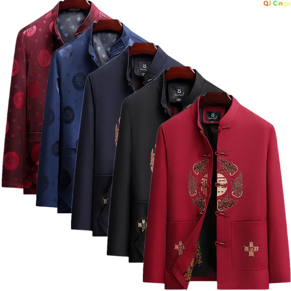 2026 Mens Red Embroidered LongSleeve Jacket ChineseStyle SingleBreasted StandUp Collar Coat Fashionable Casual Tops 260623