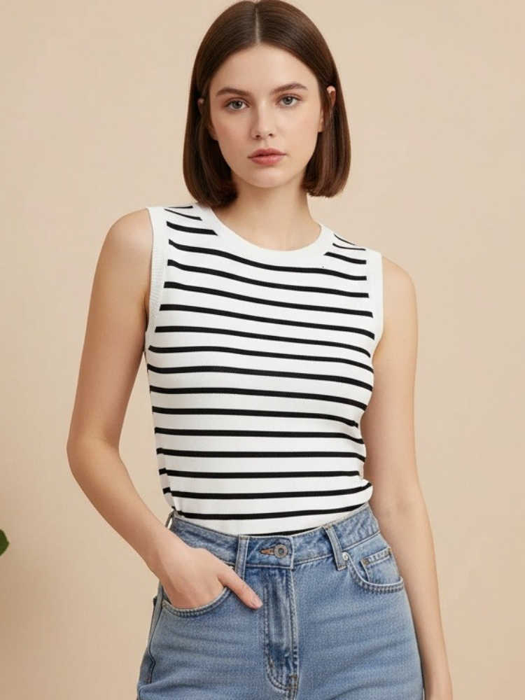 Women 2026 Spring Summer Striped Tank Tops Sleeveless Knitted T-Shirts Crop Tops Female Elastic Slim Casual Vests Pullover Camis M260623