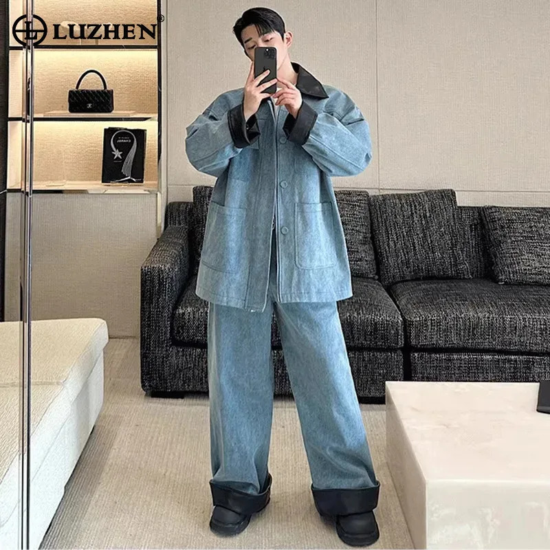 LUZHEN Wide Jacket Denim Cowboy Faux Fashion Leather Patchwork Leg Pants Twopiece Sets Baggy Mens Clothing JY5973 260623banjia