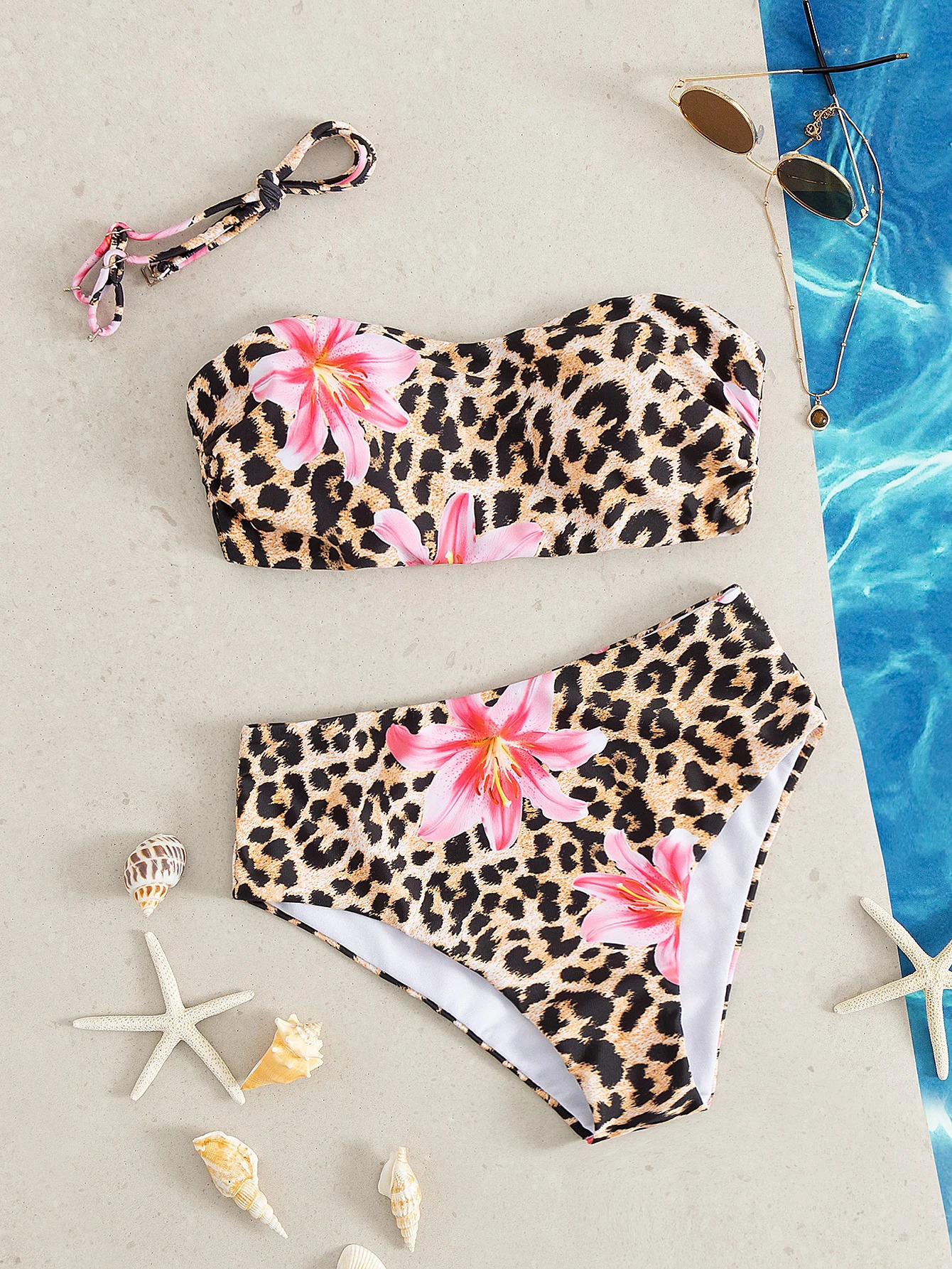 Sexy Bandeau Bikini Women Pink Floral Leopard Print Push Up 2 Piece Swimsuit Beach Bathing Suit High Waist Swimwear Biquini 260623
